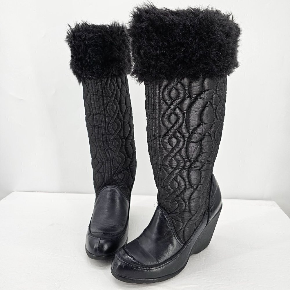 REPORT Women's Black Leather Knee-High Boots with Fur Accent - Slouchy Style
